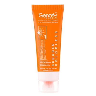 کرم ضدآفتاب بی رنگ ژنو بایوتیک مدل سانوژن SPF50 پوست مختلط و چرب