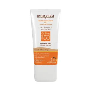 کرم ضد آفتاب کرم پودری SPF50 مناسب پوست چرب و مستعد به آکنه هیدرودرم بژ گندمی رنگ