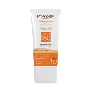 کرم ضد آفتاب کرم پودری SPF50 مناسب پوست چرب و مستعد به آکنه هیدرودرم بژ صدفی رنگ